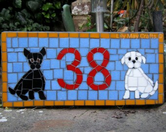 Mosaic House Number/Sign/plaque/address sign (2 dogs design) - made to order