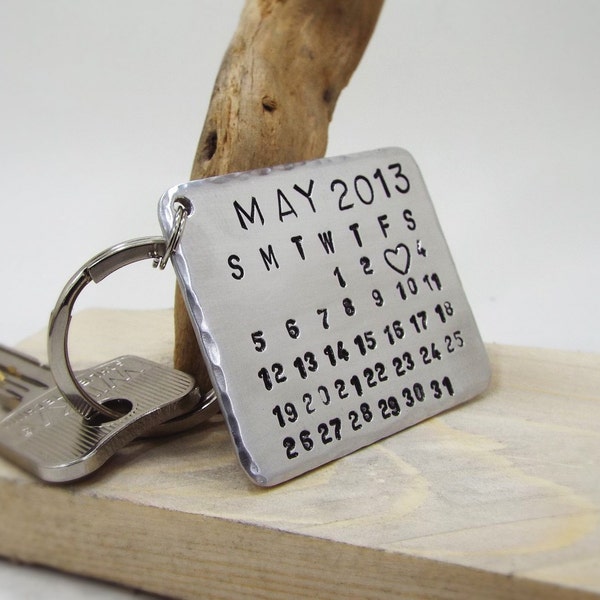 Personalized Aluminum Calendar Keychain - Both sides Hand Stamped - Your message on the back - Best Anniversary Gift