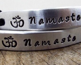 Personalized Namaste Bracelet Set for Couples - Aluminum Hand Stamped Yoga Meditation Om Symbol - Best Gift for Him and Her