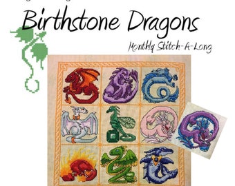 May include: A cross-stitch pattern featuring a grid of colorful dragons, each in a unique pose and color. The text "Birthstone Dragons" and "Monthly Stitch-A-Long" are displayed above the grid. Copyright 2017 - Ingleside Imaginarium is at the bottom.