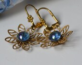 Vintage blue glass buttons and brass assemblage earrings - Shiny little buttons repurposed