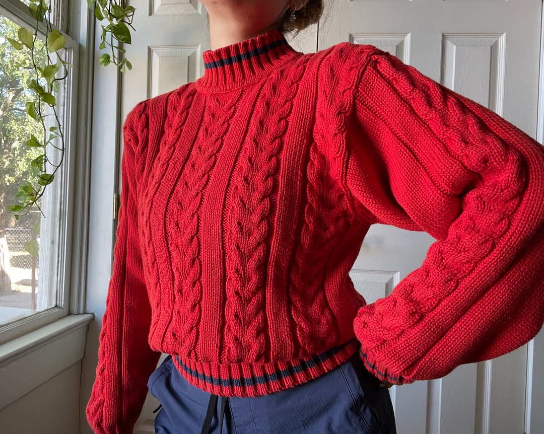 Liz Sport Vintage 90s Orange and Blue Mock Neck Cable Knit Sweater Etsy