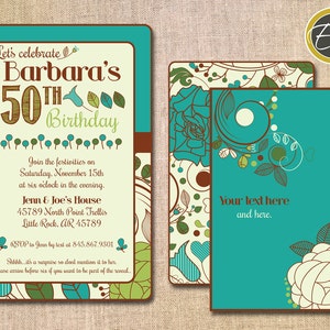 Flores Retro: Invitación de cumpleaños y aniversario - Azul, verde y marrón. Imprimible.