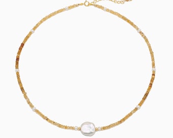 Citrin Halskette, Citrin Collier, Perlen Halskette, Edelstein Kette, Perlen Edelstein Halskette Gold