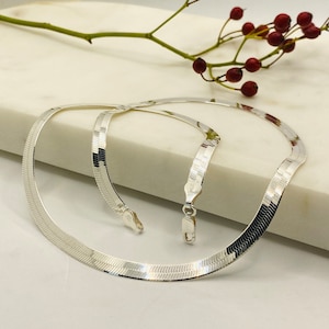 Herringbone Chain Necklace, Sterling Silver, 4 mm and 5mm Flat Snake Chain, Minimalist Jewelry, Elegant Layering Necklace, Gift for Her