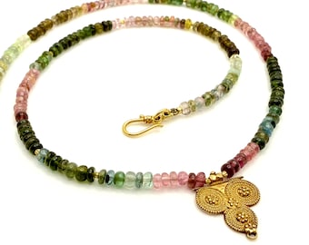 Watermelon Tourmaline Necklace, 18k Gold Jewelry, Antique 24k Gold Pendant, Unique Gemstone Collier, Handmade Luxury Necklace