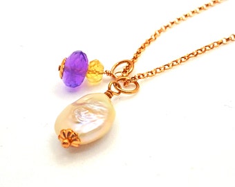 Necklace Keshi pearl pendant freshwater pearl amethyst and citrine rose gold