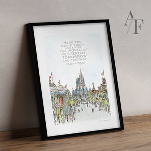 Main Street, VS | Disney World |  Quote muurkunst en cadeauprint | Prenten ontleend aan mijn tekening en aquarel. Tekening Magisch Koninkrijk