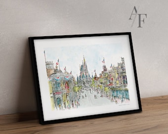 Main Street USA | Disney World | PRINTS AVAILABLE from my original drawing & watercolour illustration. Magic Kingdom drawing, Main St Disney
