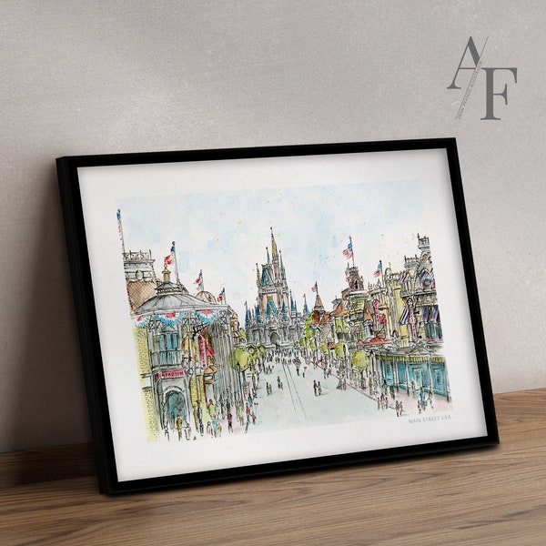 Main Street USA | Disney World | PRINTS AVAILABLE from my original drawing & watercolour illustration. Magic Kingdom drawing, Main St Disney