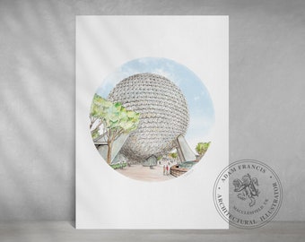 EPCOT Center Spaceship Earth | ART Prints available from my detailed pen drawing & watercolour painting. Disney World, Magic Kingdom art