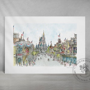 Main Street USA | Disney World | PRINTS AVAILABLE from my original drawing & watercolour illustration. Magic Kingdom drawing, Main St Disney