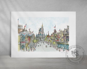 Main Street USA | Disney World | PRINTS AVAILABLE from my original drawing & watercolour illustration. Magic Kingdom drawing, Main St Disney