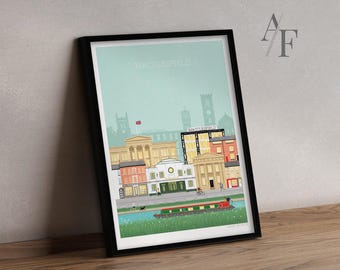 MACCLESFIELD geïllustreerde monumentale kunstprint | Geweldig cadeau voor inwoners van Macclesfield Cheshire, vroeger en nu.