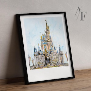 Disney World Castle Art Print | Taken from my detailed pen drawing & watercolour painting. Cinderella's Disney Castle, Magic Kingdom drawing