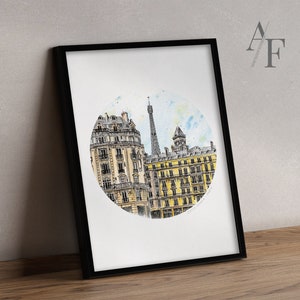 May include: A watercolor painting of a Parisian cityscape with the Eiffel Tower in the background. The painting is framed in a black frame and has a white background.