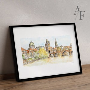 Prague, Charles Bridge. Art Prints from my detailed pen drawing & watercolour painting. Praha | Karlův Most | Prague Scene