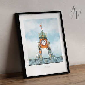 CHESTER Eastgate Uhr | Drucke erhältlich von meiner sehr detaillierten und akkuraten Grafik CHESTER Illustration. Tolle Stadt Chester Geschenk!