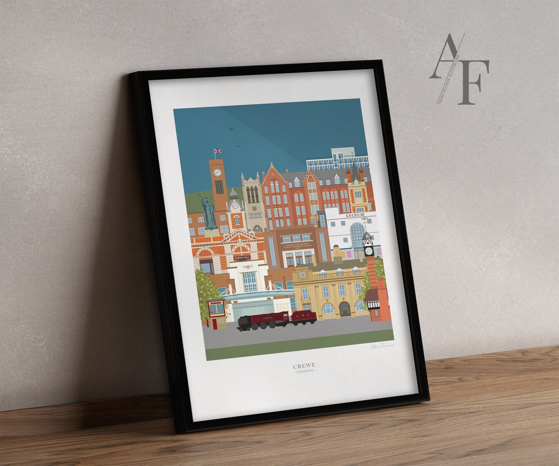 CREWE Illustrated Architecture Quality Art Print |  Great gift for Crewe / Cheshire residents, past and present.
