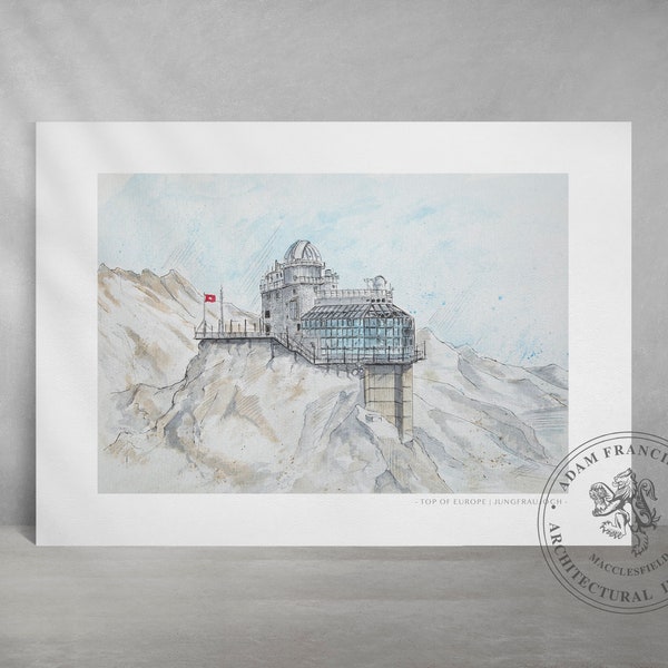 Jungfraujoch, Top van Europa, Zwitserland. Art Prints beschikbaar uit mijn zeer gedetailleerde illustratie.