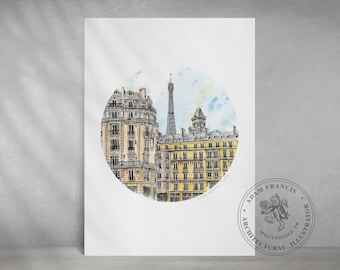 Paris street scene art, Eiffel Tower. Art Prints available from my sketch illustration | A great gift for Paris lovers!