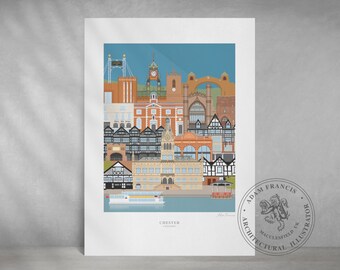 CHESTER landmarks art print | Prints available from my very detailed and accurate graphic CHESTER illustration. Great City of Chester Gift!