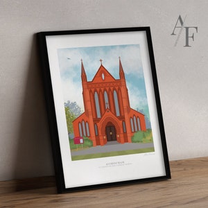 Altrincham, katholische Kirche St Vincent de Paul, illustrierte Architektur Qualität Kunstdruck.