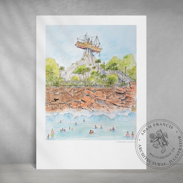 Typhoon Lagoon art prints from my detailed illustration of Mount Mayday. Disney Art.