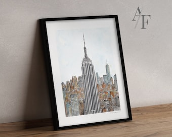 Panorama Nowego Jorku, Empire State Building. Dostępne wydruki artystyczne z mojej bardzo szczegółowej ilustracji. Wspaniały, wyjątkowy prezent z Nowego Jorku.
