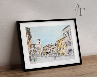 May include: A watercolor painting of a city square in Italy. The painting shows a church with a tall bell tower, and several buildings with terracotta roofs. The square is empty except for a few people walking around. The painting is framed in a black frame.