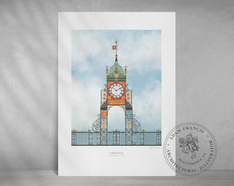 CHESTER Eastgate Clock | Prints available from my very detailed and accurate graphic CHESTER illustration. Great City of Chester Gift!