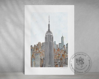 New York City Skyline, Empire State Building. Art Prints available from my very detailed illustration. A great, unique, New York gift.