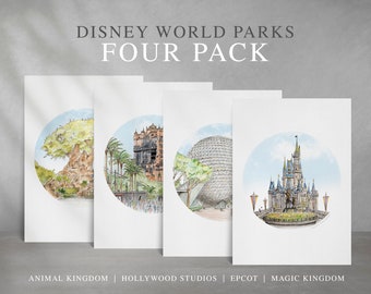 Disney Parks *4 PACK*. Park Art Prints from my detailed illustrations. Magic Kingdom, Animal Kingdom, Epcot & Hollywood Studios art prints