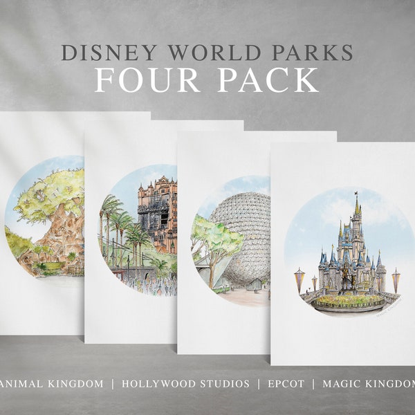 Disney Parks *4 PACK*. Park Art Prints from my detailed illustrations. Magic Kingdom, Animal Kingdom, Epcot & Hollywood Studios art prints