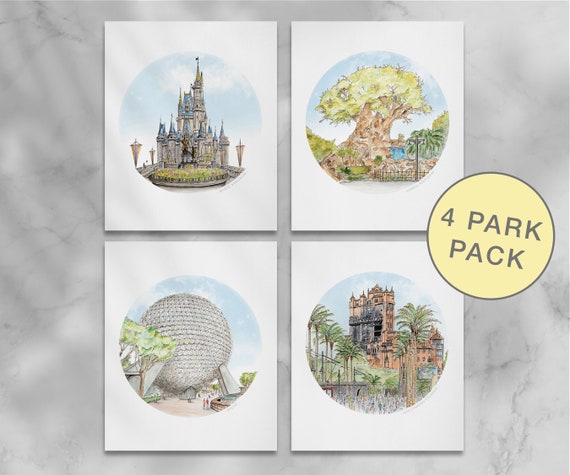 Disney Parks 4 PACK. Park Art Prints from my detailed