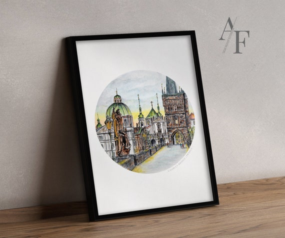 Charles Bridge, Prague. Art Prints from my detailed pen drawing & watercolour painting. Praha | Karlův Most | Prague Art Gift