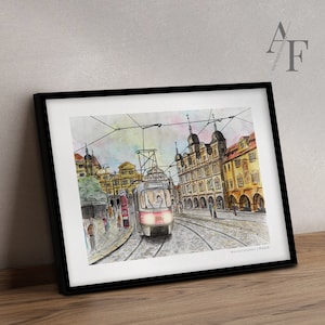 Prag Tram Kunstszene | Gartenhaus | Drucke von meiner detaillierten Illustration erhältlich. Ein tolles, einzigartiges, Geschenk für Prag Liebhaber