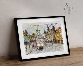 Prague Tram art Scene | Malostranská | Prints available from my detailed illustration. A great, unique, gift for Prague lovers