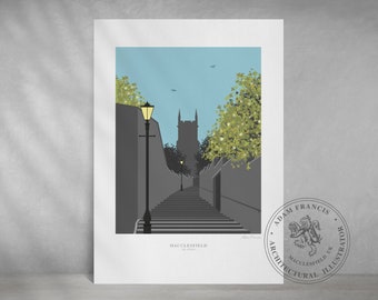 MACCLESFIELD 108 STEPS Illustrated Prints | Great gift for Macclesfield, Cheshire, residents, past and present.