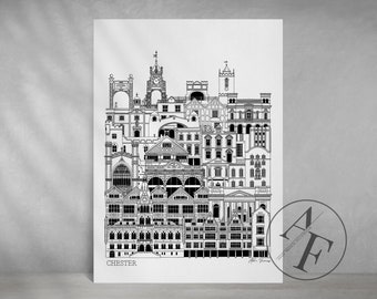 CHESTER architectural art print | Prints available from my very detailed and accurate CHESTER illustration. Great City of Chester Gift!