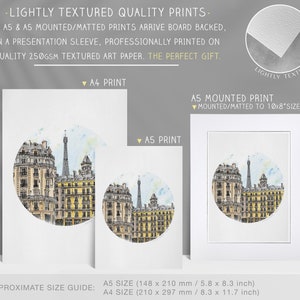 May include: A watercolor illustration of a Parisian cityscape with the Eiffel Tower in the background. The illustration is printed on textured art paper and is available in A4 and A5 sizes. The A5 size is 5.8 x 8.3 inches and the A4 size is 8.3 x 11.7 inches.