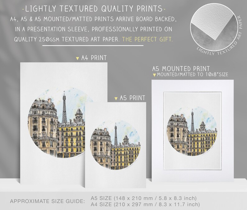 May include: A watercolor illustration of a Parisian cityscape with the Eiffel Tower in the background. The illustration is printed on textured art paper and is available in A4 and A5 sizes. The A5 size is 5.8 x 8.3 inches and the A4 size is 8.3 x 11.7 inches.
