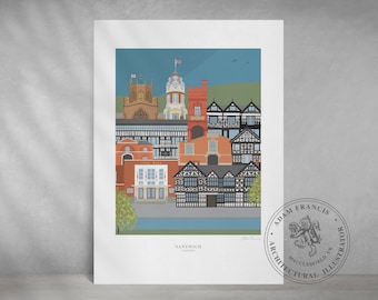 NANTWICH Illustrated Architecture Quality Art Print |  Great gift for Nantwich / Cheshire residents, past and present.
