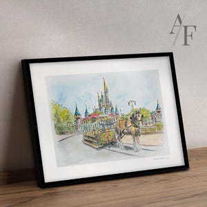 Main Street USA-trolley | Disney World | BESCHIKBARE AFDRUKKEN van mijn originele tekening en aquarelillustratie. Magic Kingdom-tekening.