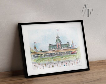 May include: A watercolor painting of the Main Street Station at Walt Disney World. The station is a classic Victorian-style building with a clock tower and a flag flying from the top. There are people walking around the station and a train is visible in the distance.