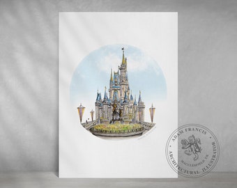 Disney World Castle Art Print | Taken from my detailed pen drawing & watercolour painting. Cinderella's Disney Castle, Magic Kingdom drawing