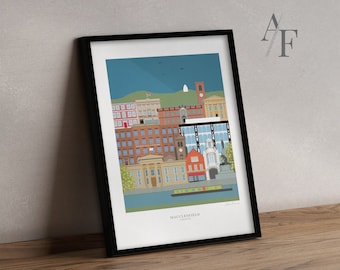 MACCLESFIELD 'EDITION 1' geïllustreerde architectuurkwaliteit kunstafdruk |  Geweldig cadeau voor inwoners van Macclesfield/Cheshire, vroeger en nu.