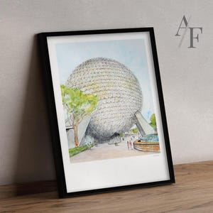 EPCOT Center Spaceship Earth | ART Prints available from my detailed pen drawing & watercolour painting. Disney World, Magic Kingdom art