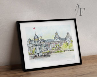 May include: Watercolor painting of a seaside resort with a lighthouse and a large building. The painting is framed in black and has the text "Yacht Club Resort" in the bottom right corner.