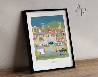 MACCLESFIELD 'EDITION 3' geïllustreerde architectuurkwaliteit kunstafdruk |  Geweldig cadeau voor inwoners van Macclesfield/Cheshire, vroeger en nu.